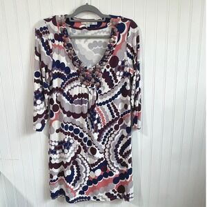Boden Dress Beaded‎ Neckline 3/4 Sleeve Multicolor Print Casual Size 8 Stretchy